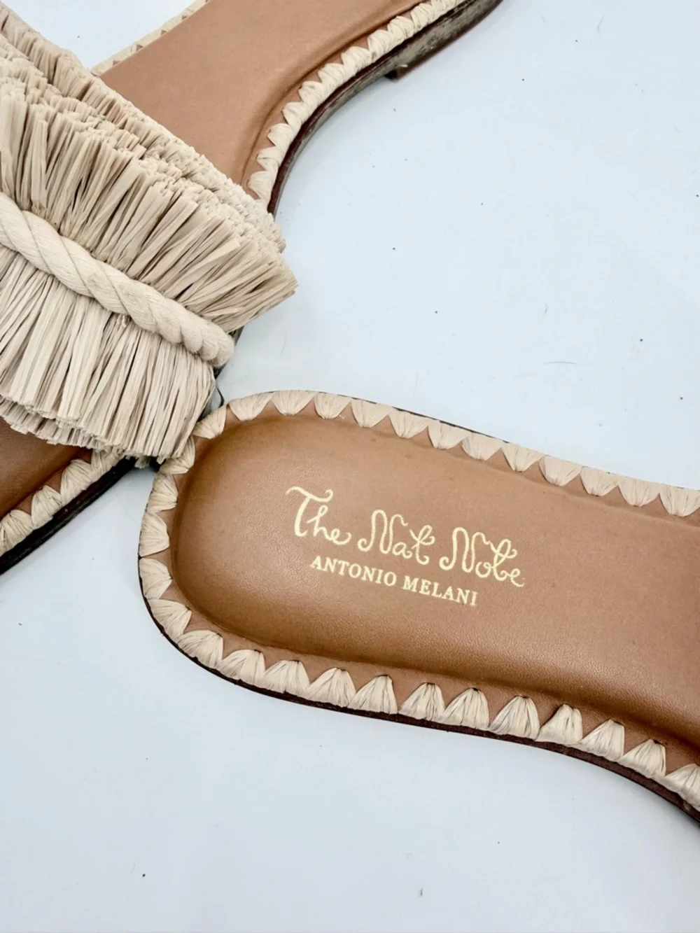ANTONIO MELANI X THE NAT NOTE Madruga Raffia Fringe Flat Slide Sandals Natural